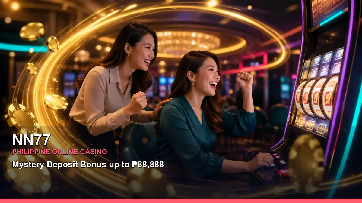 NN77 casino cashback rewards featuring an adult Filipina casino host in a dynamic composition