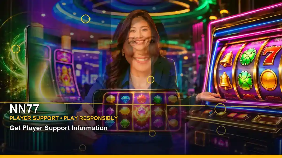 NN77 Lucky Reels online slot games with an adult Filipina casino host in a right-side close-up composition