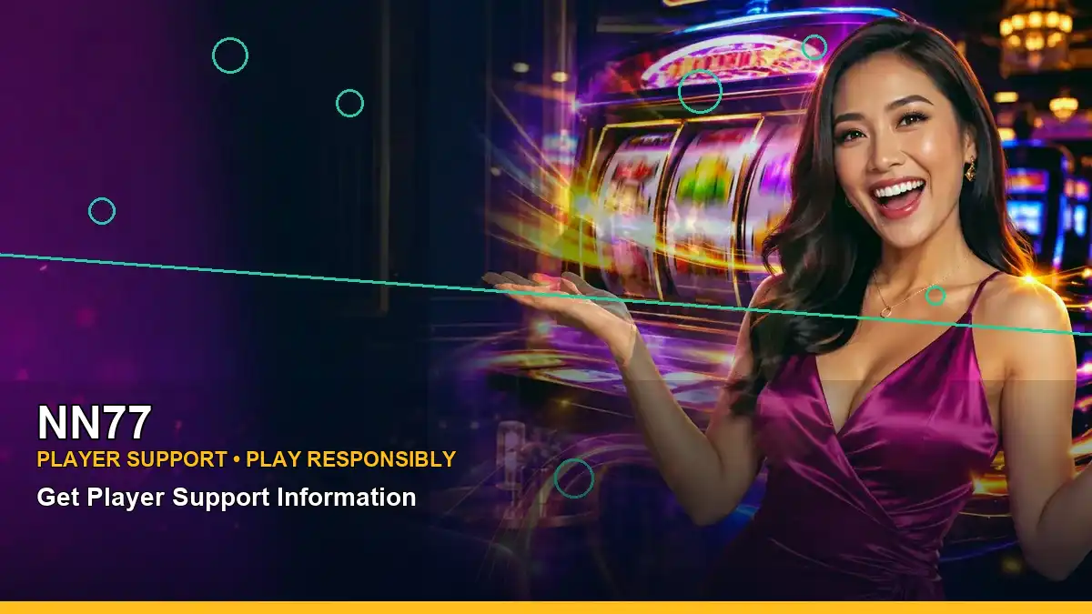 NN77 mobile casino game screen featuring an adult Filipina casino host in a right-framed composition